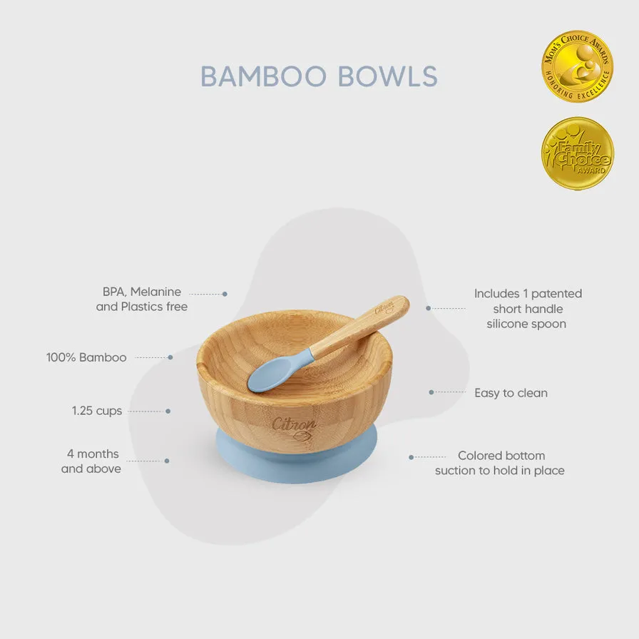 Citron Bamboo Suction Bowl with Spoon - Dusty Blue