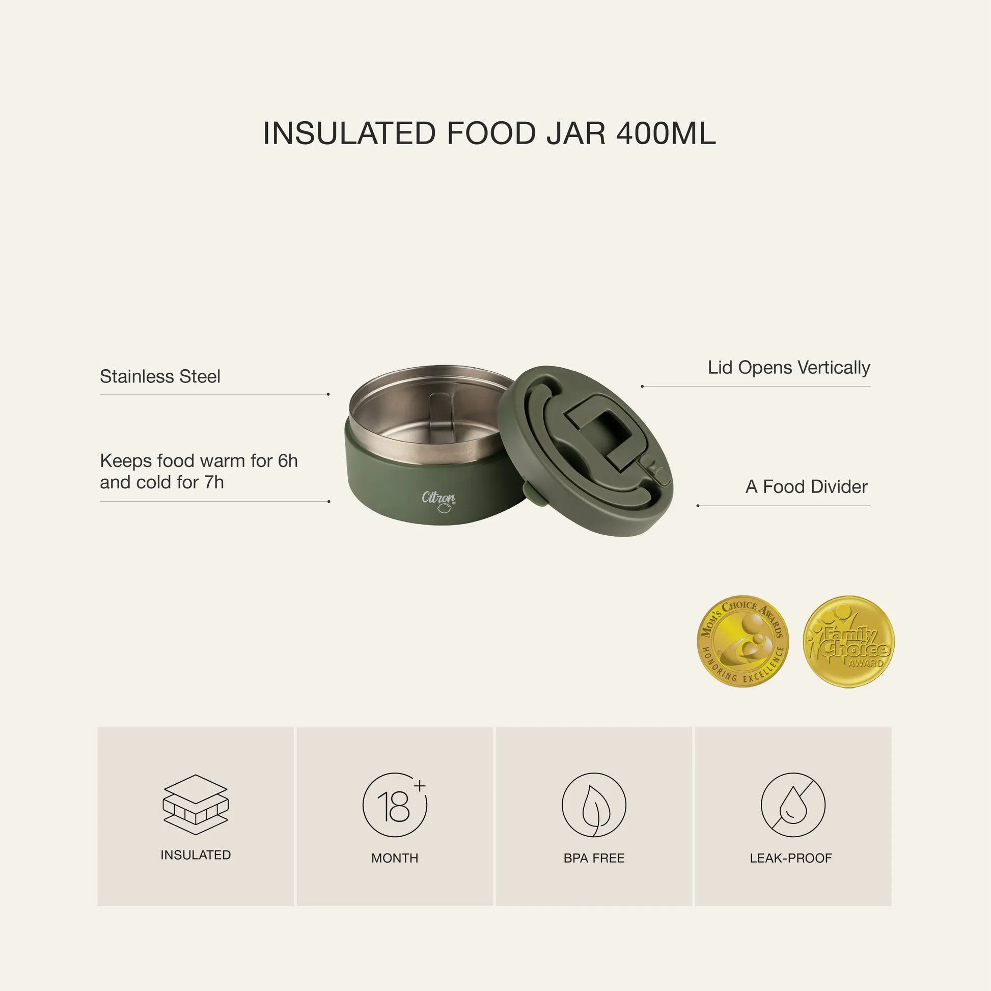Citron Insulated Stainless Steel Food Jar 400ml - Olive Green