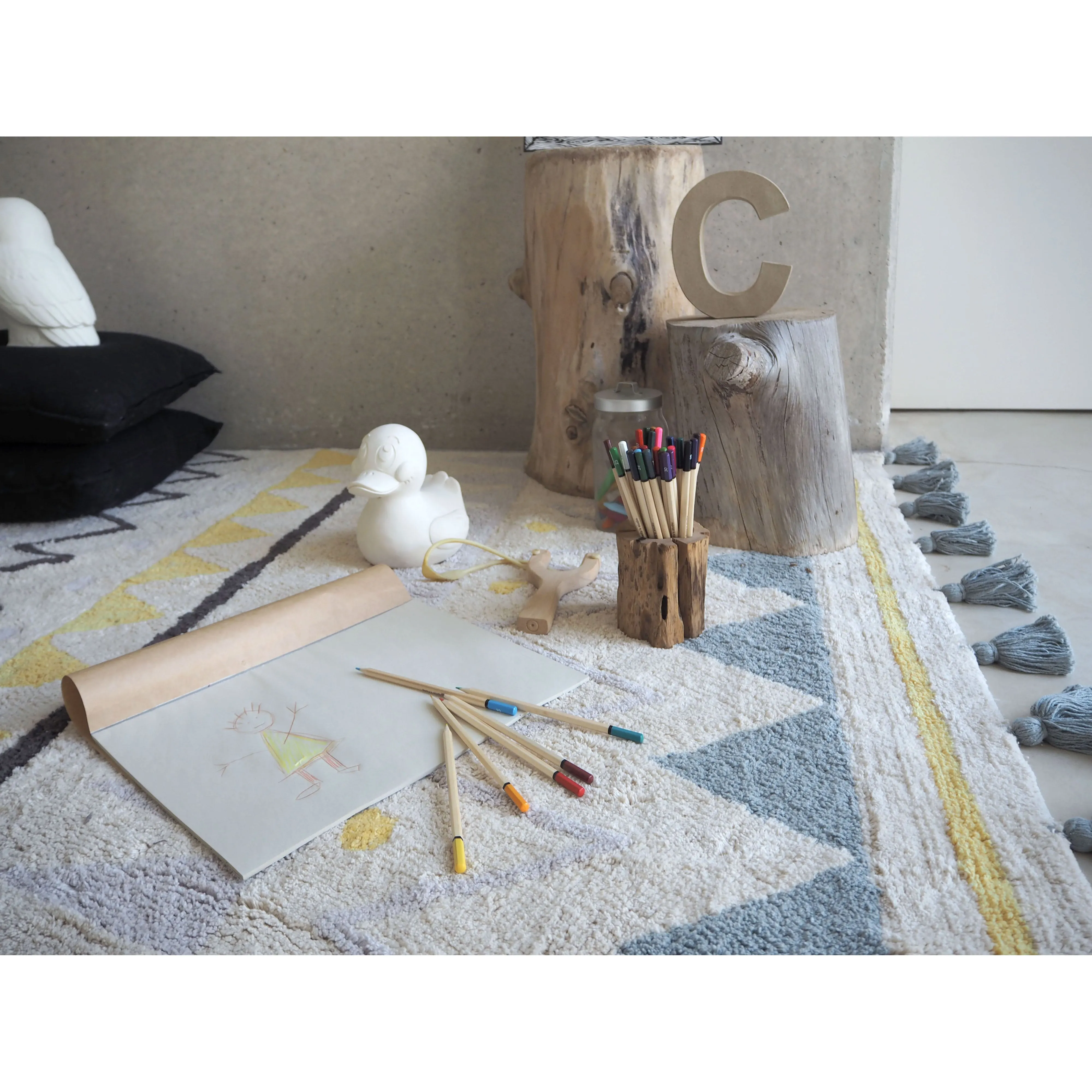 Lorena Canals Azteca Natural-Vintage Blue Machine Washable Cotton Rug