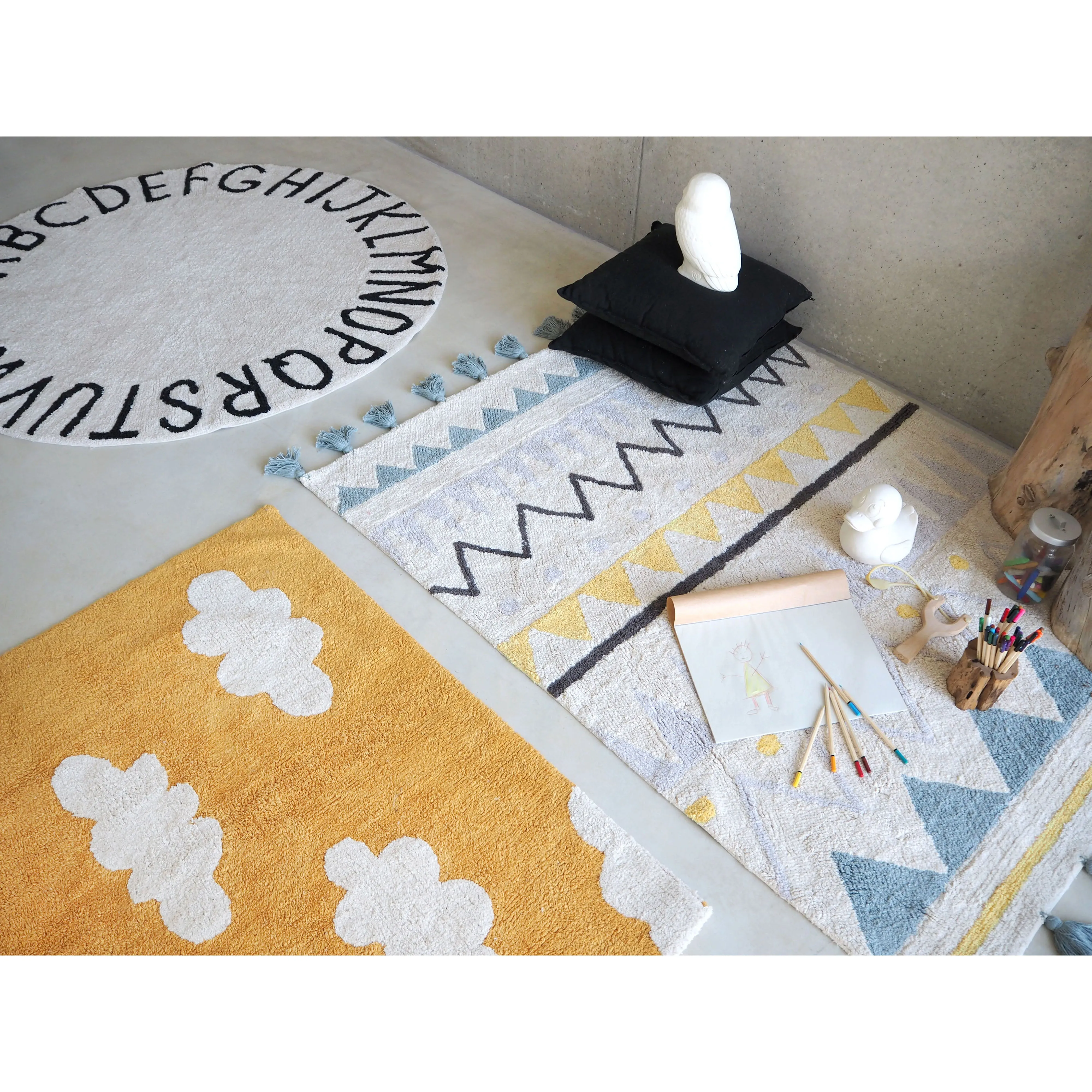 Lorena Canals Azteca Natural-Vintage Blue Machine Washable Cotton Rug