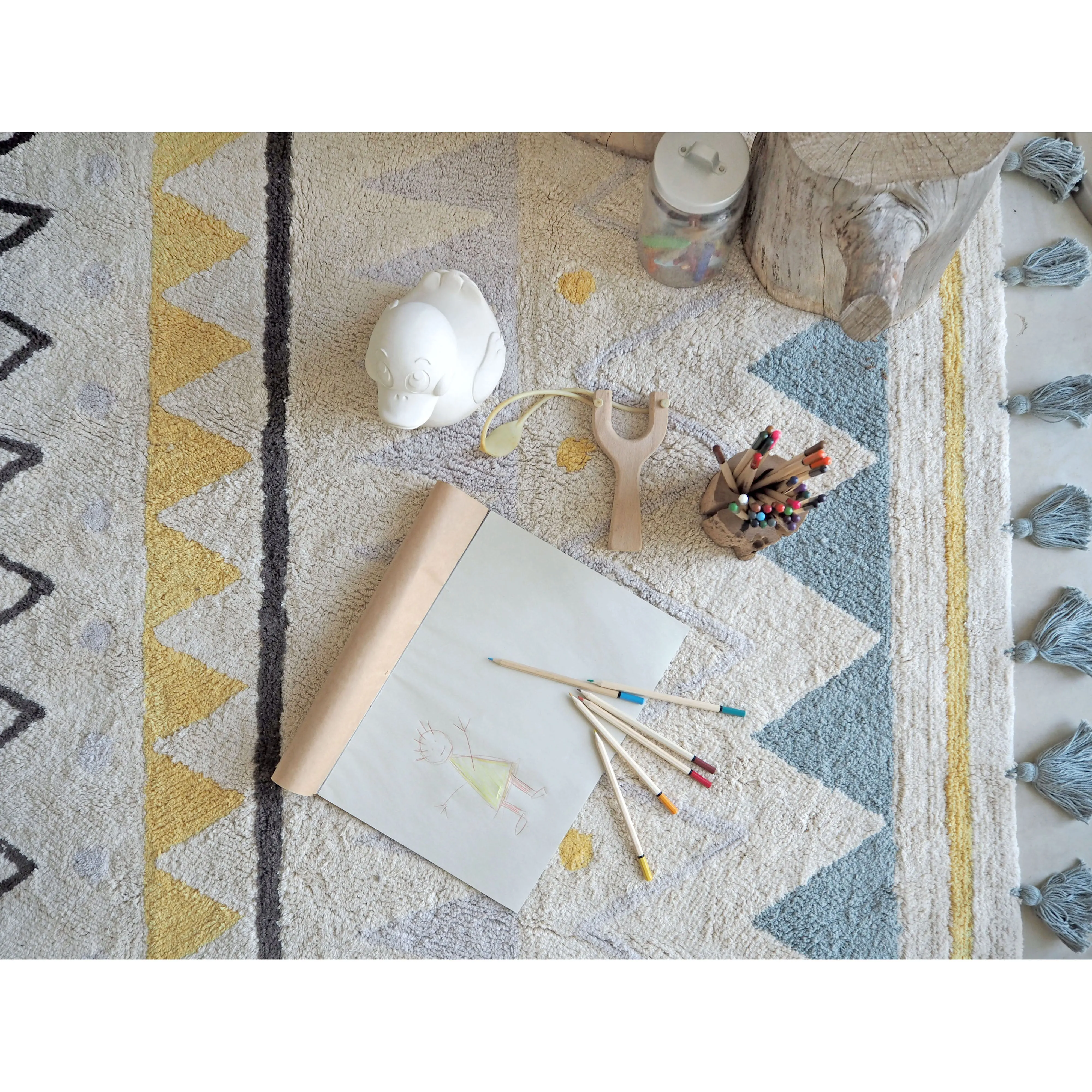 Lorena Canals Azteca Natural-Vintage Blue Machine Washable Cotton Rug