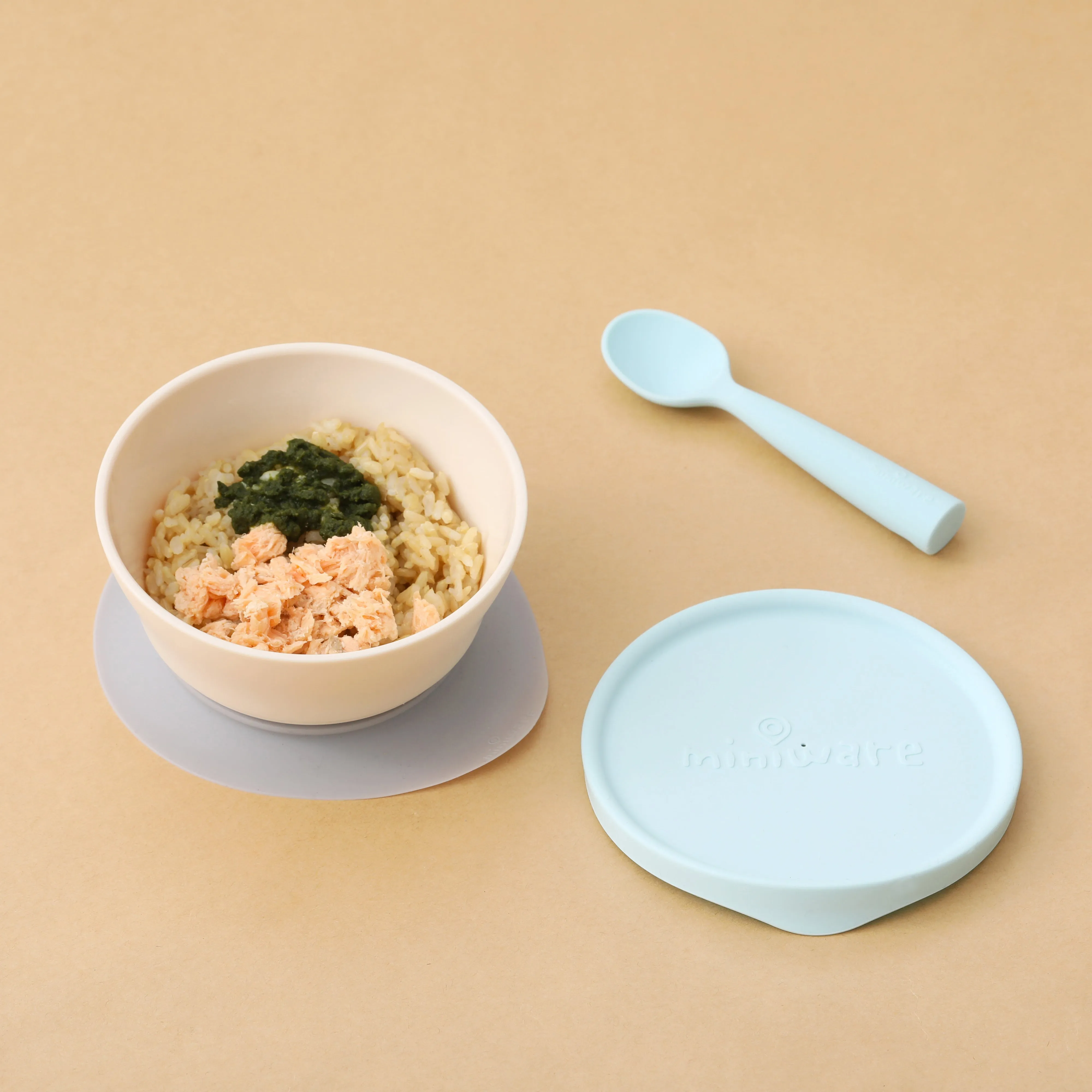 Miniware First Bite Set - PLA Cereal Suction Bowl   Silicone Spoon and Cover in Cotton Candy