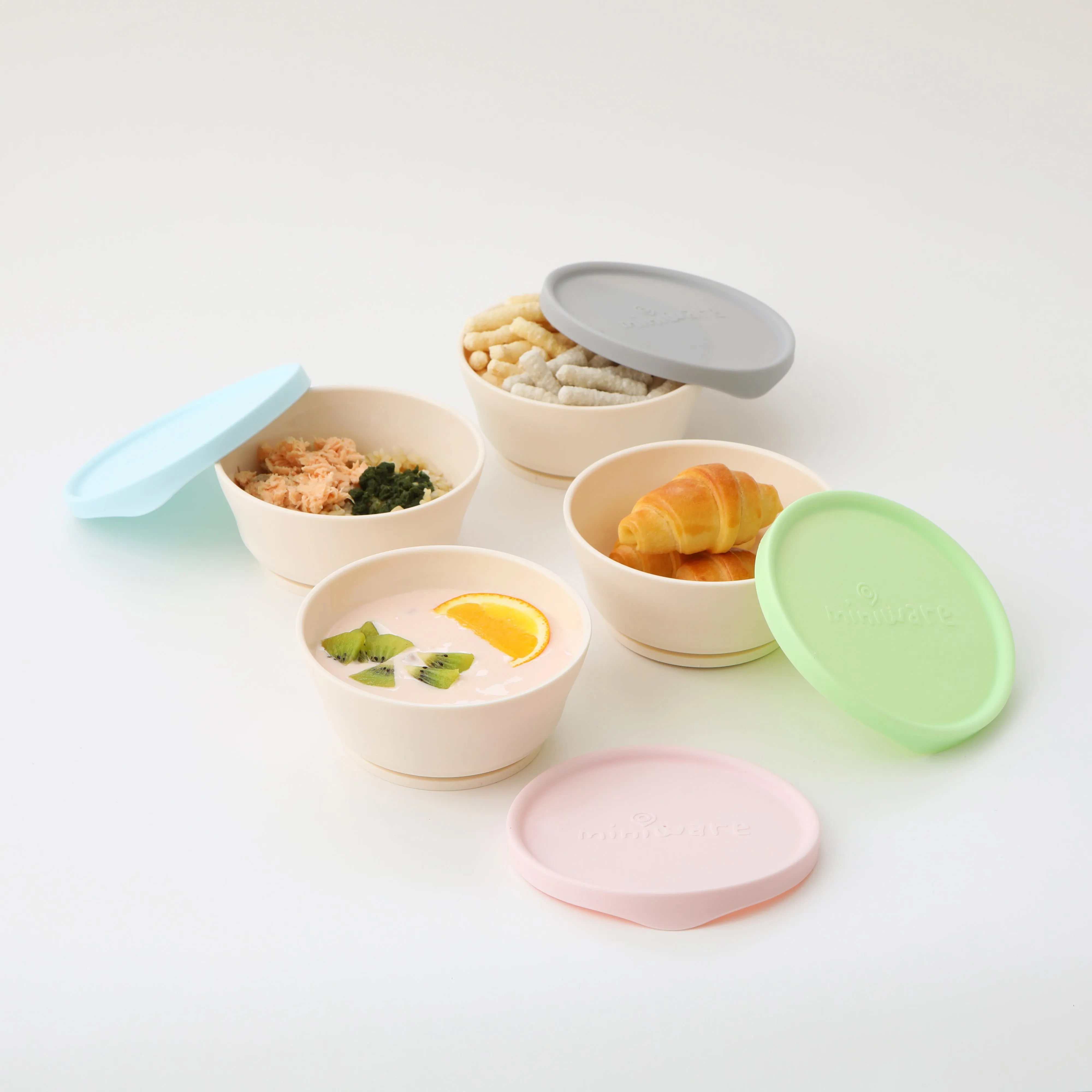 Miniware First Bite Set - PLA Cereal Suction Bowl Vanilla   Silicone Spoon and Cover in Aqua