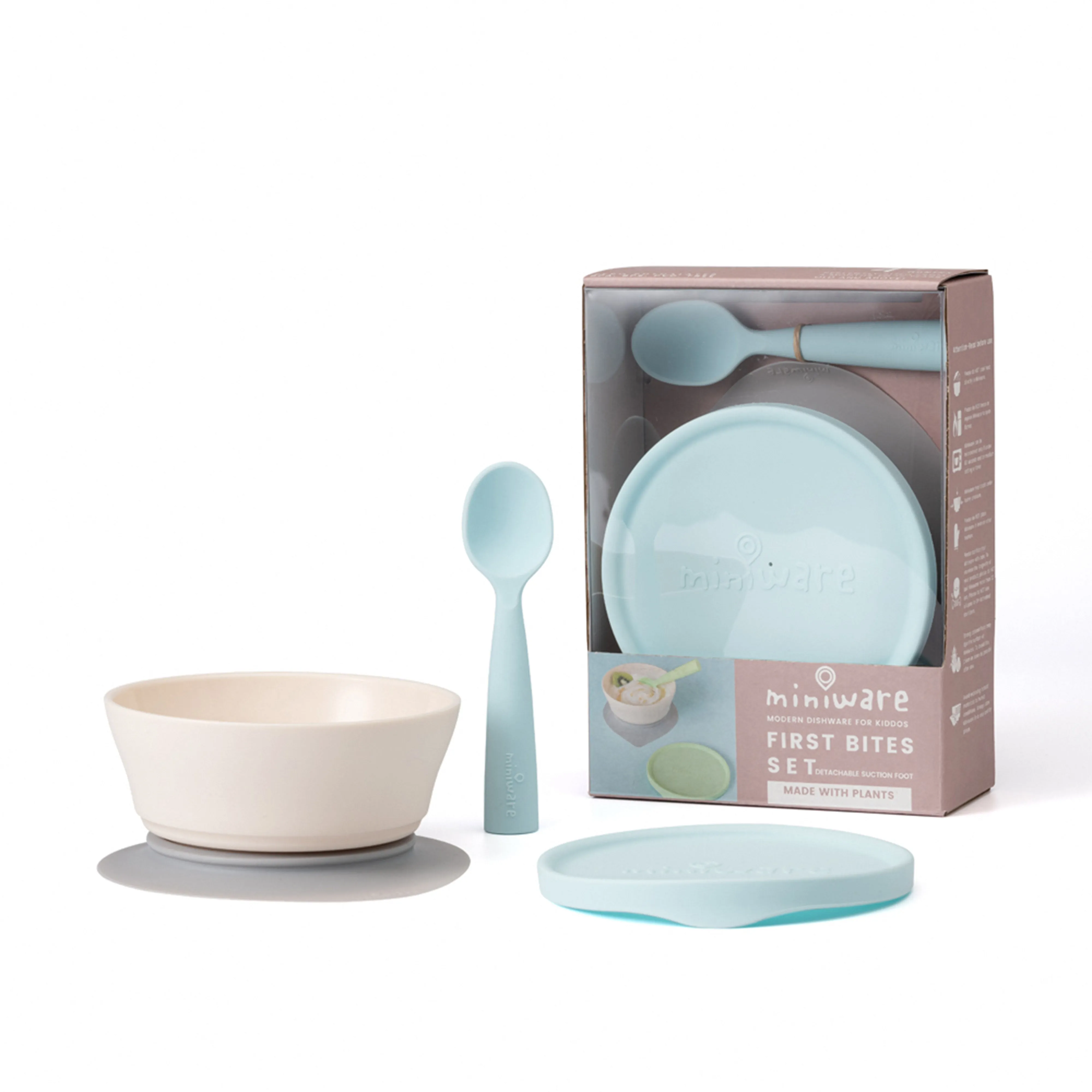 Miniware First Bite Set - PLA Cereal Suction Bowl Vanilla   Silicone Spoon and Cover in Aqua