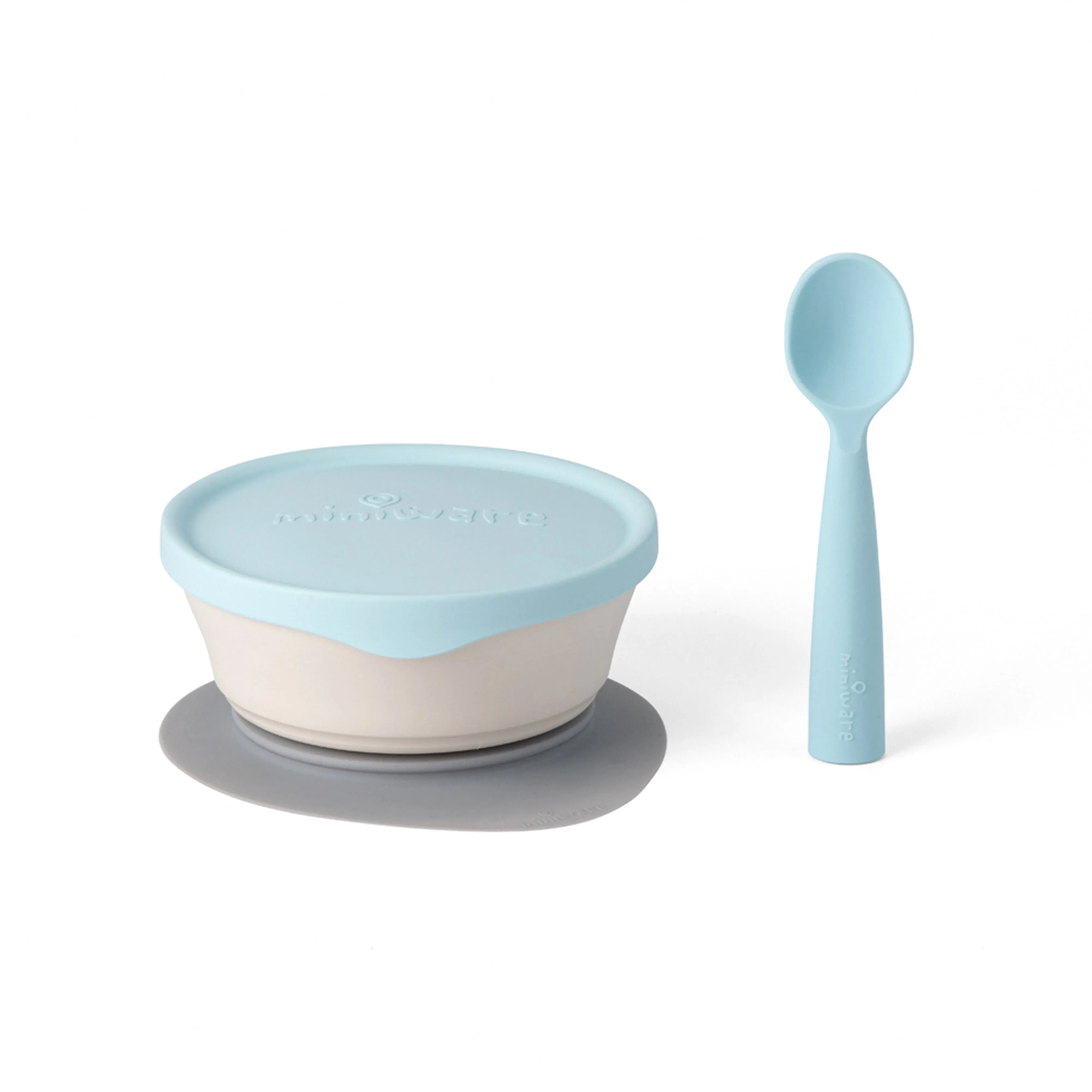 Miniware First Bite Set - PLA Cereal Suction Bowl Vanilla   Silicone Spoon and Cover in Aqua