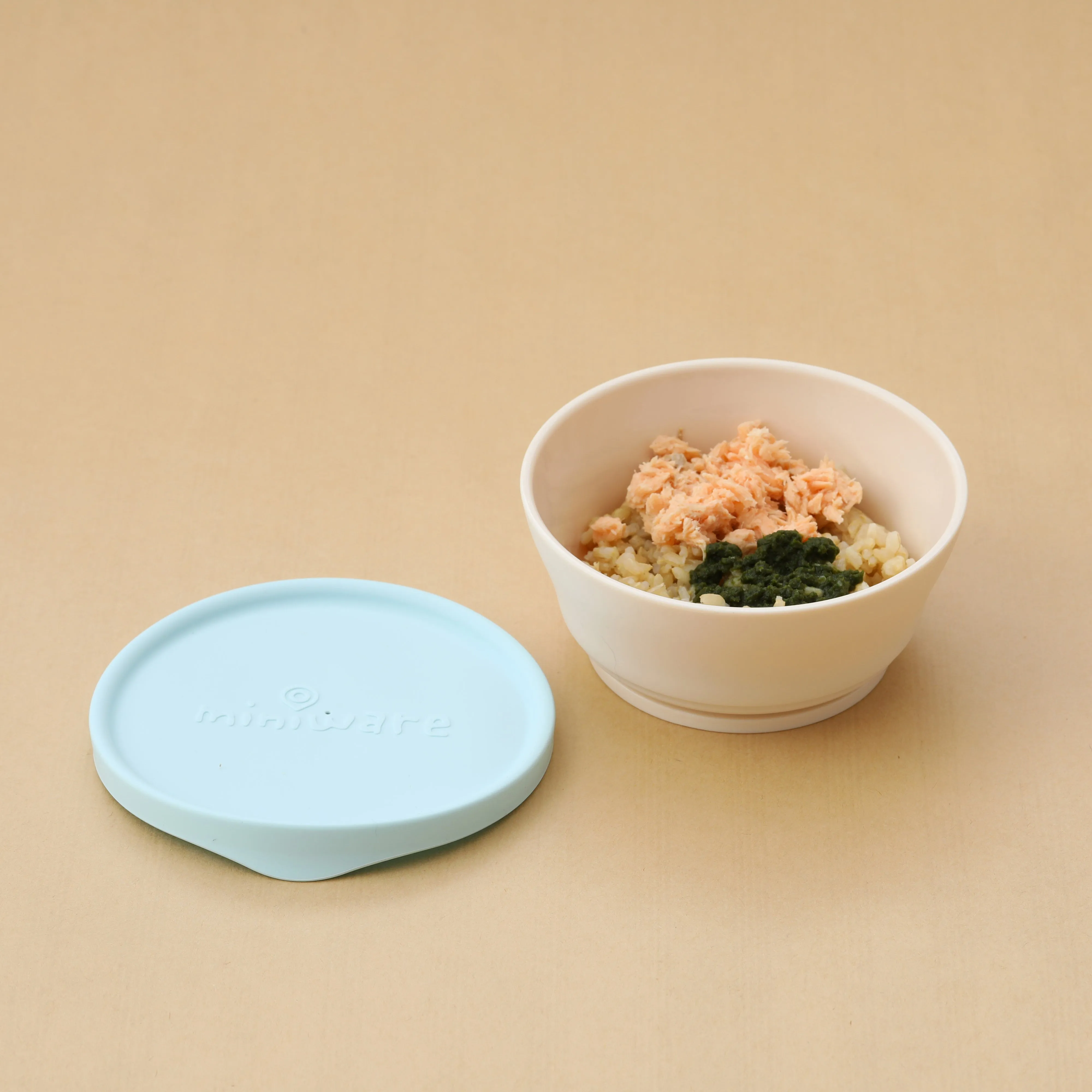 Miniware First Bite Set - PLA Cereal Suction Bowl Vanilla   Silicone Spoon and Cover in Aqua