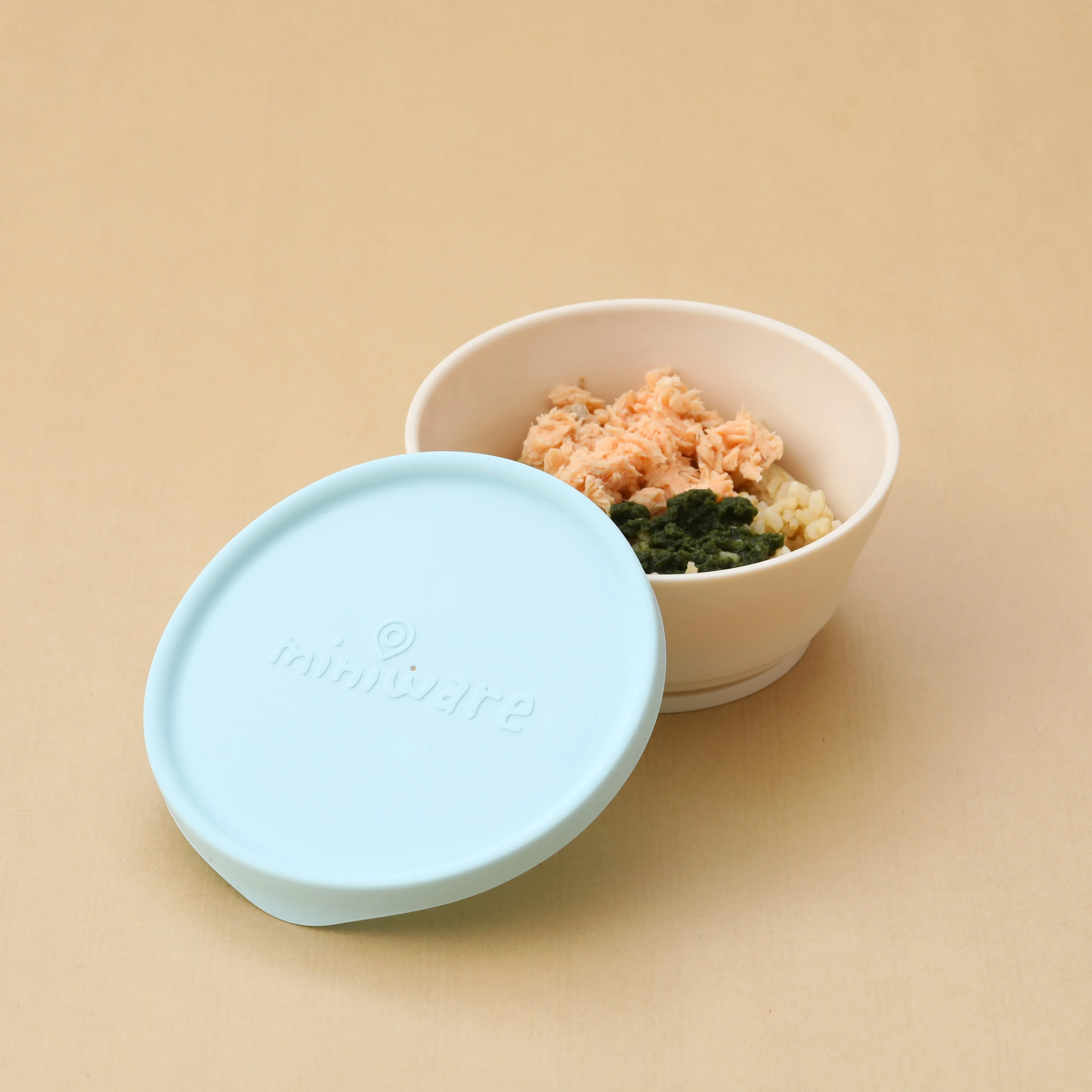Miniware First Bite Set - PLA Cereal Suction Bowl Vanilla   Silicone Spoon and Cover in Aqua