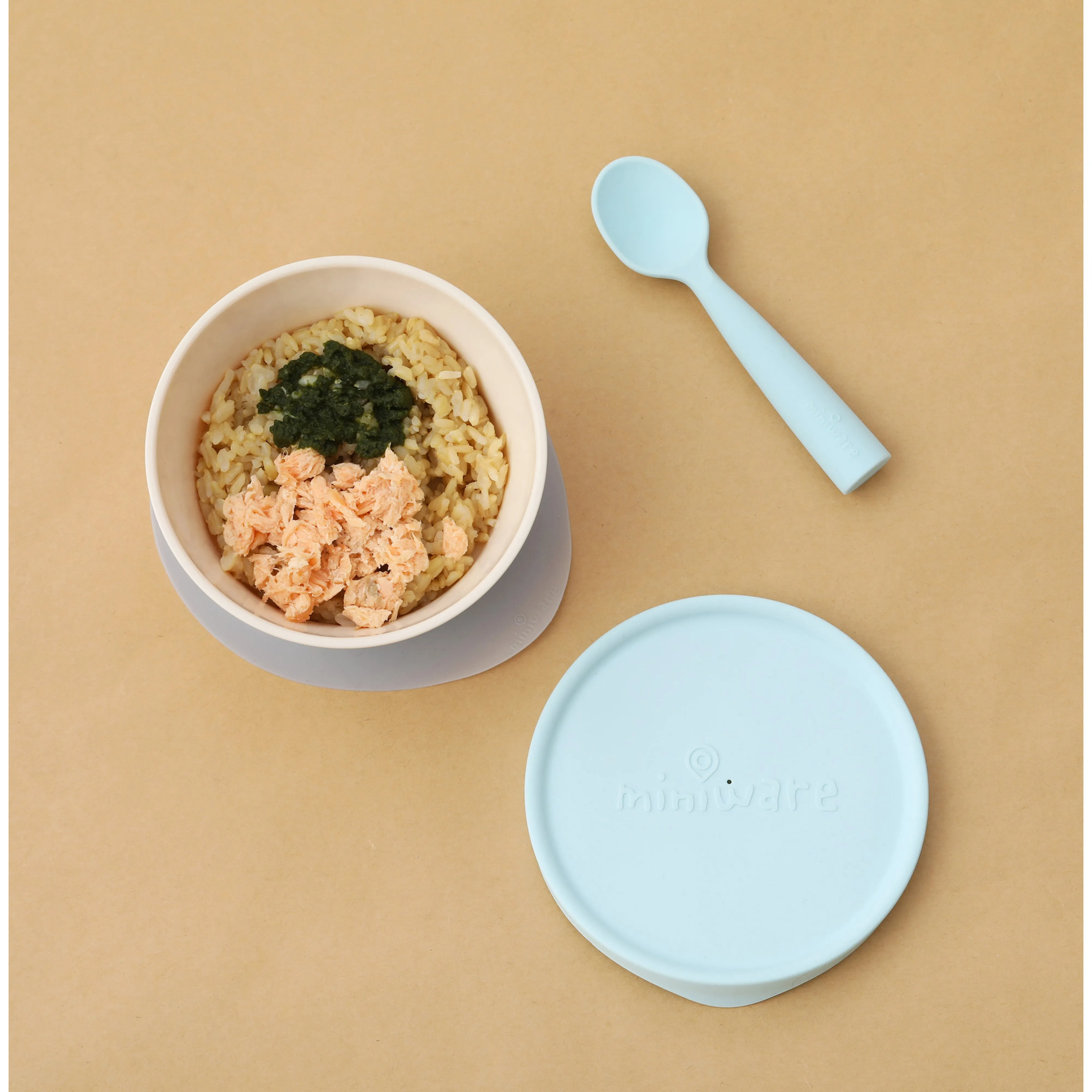 Miniware First Bite Set - PLA Cereal Suction Bowl Vanilla   Silicone Spoon and Cover in Aqua