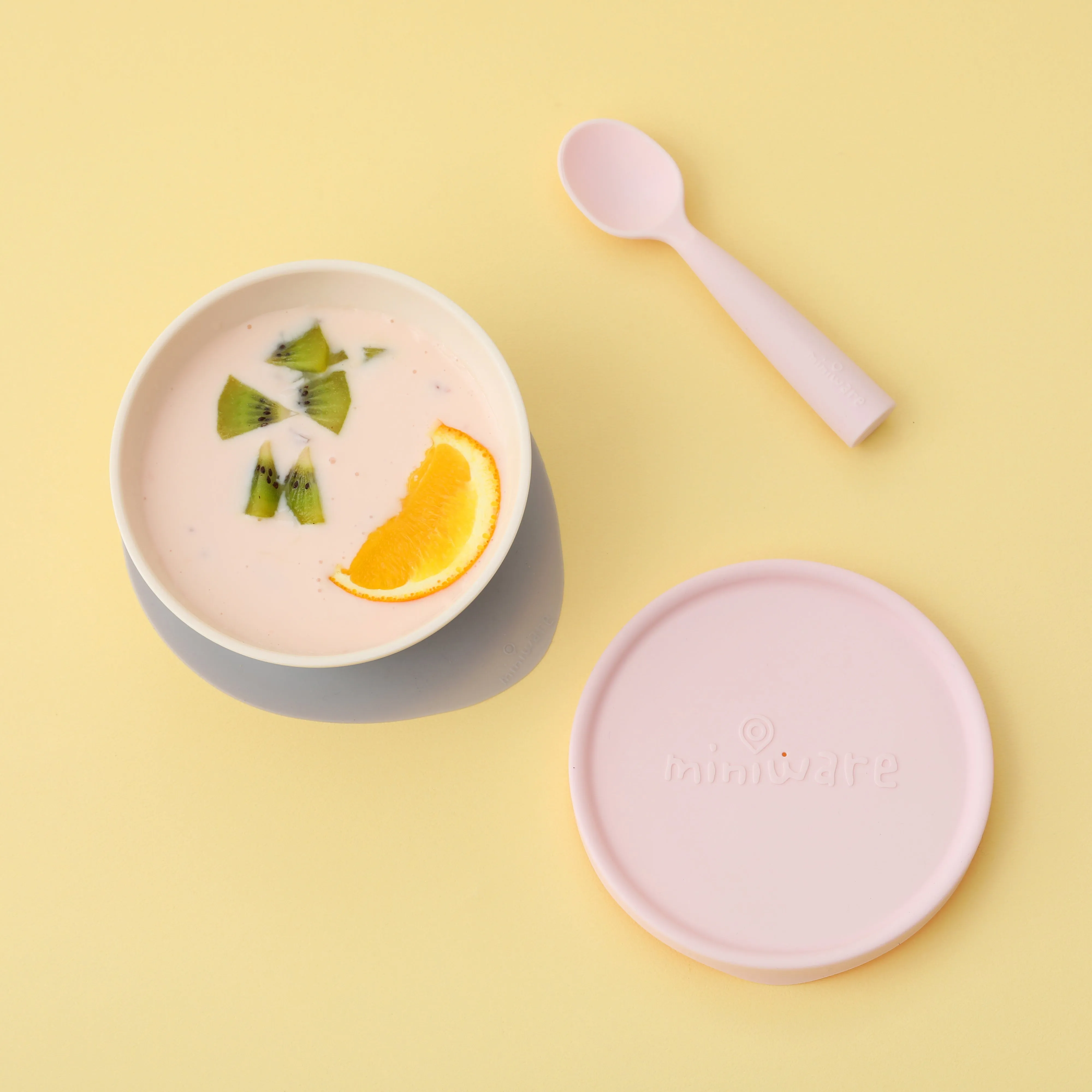 Miniware First Bite Set - PLA Cereal Suction Bowl Vanilla   Silicone Spoon and Cover in Cotton Candy