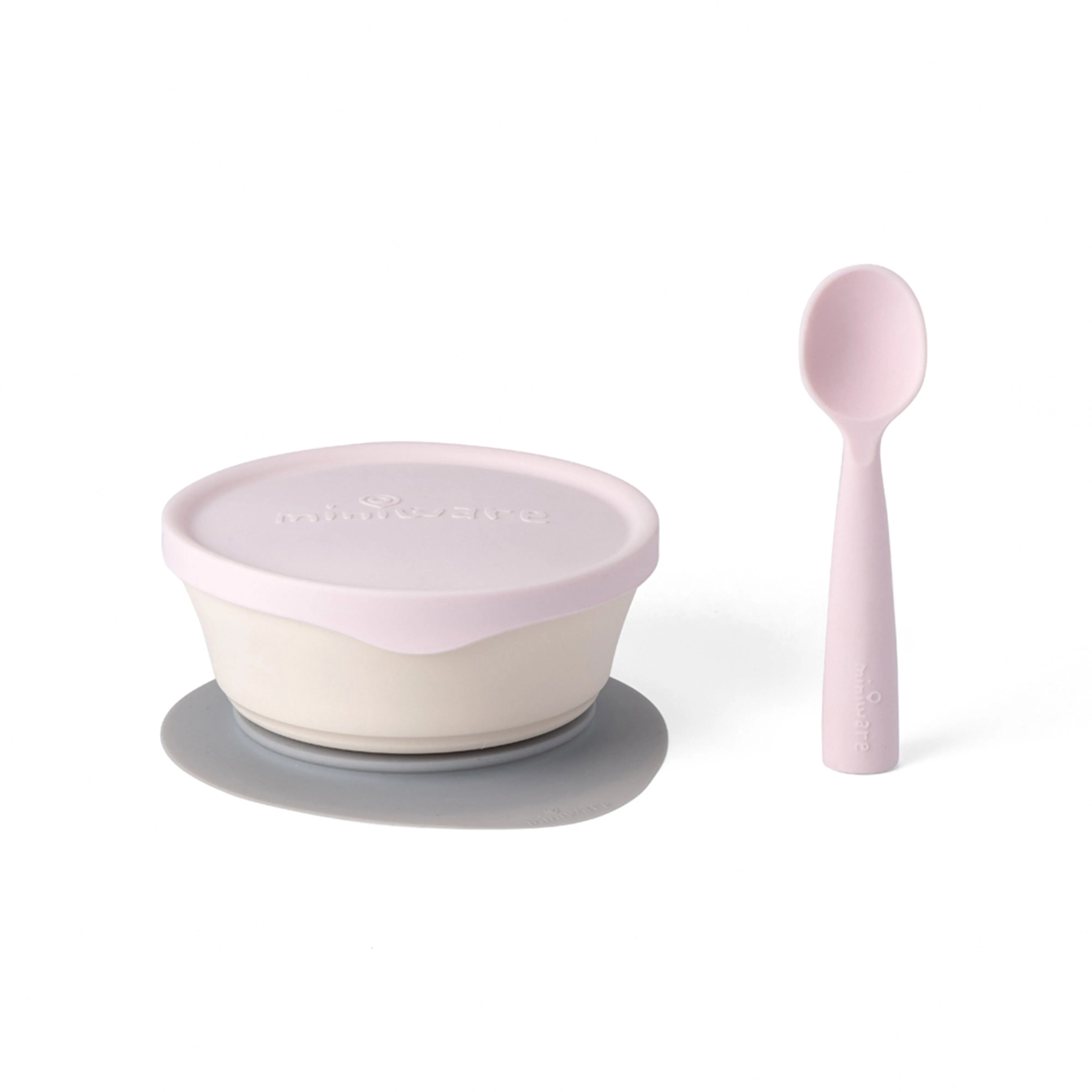 Miniware First Bite Set - PLA Cereal Suction Bowl Vanilla   Silicone Spoon and Cover in Cotton Candy