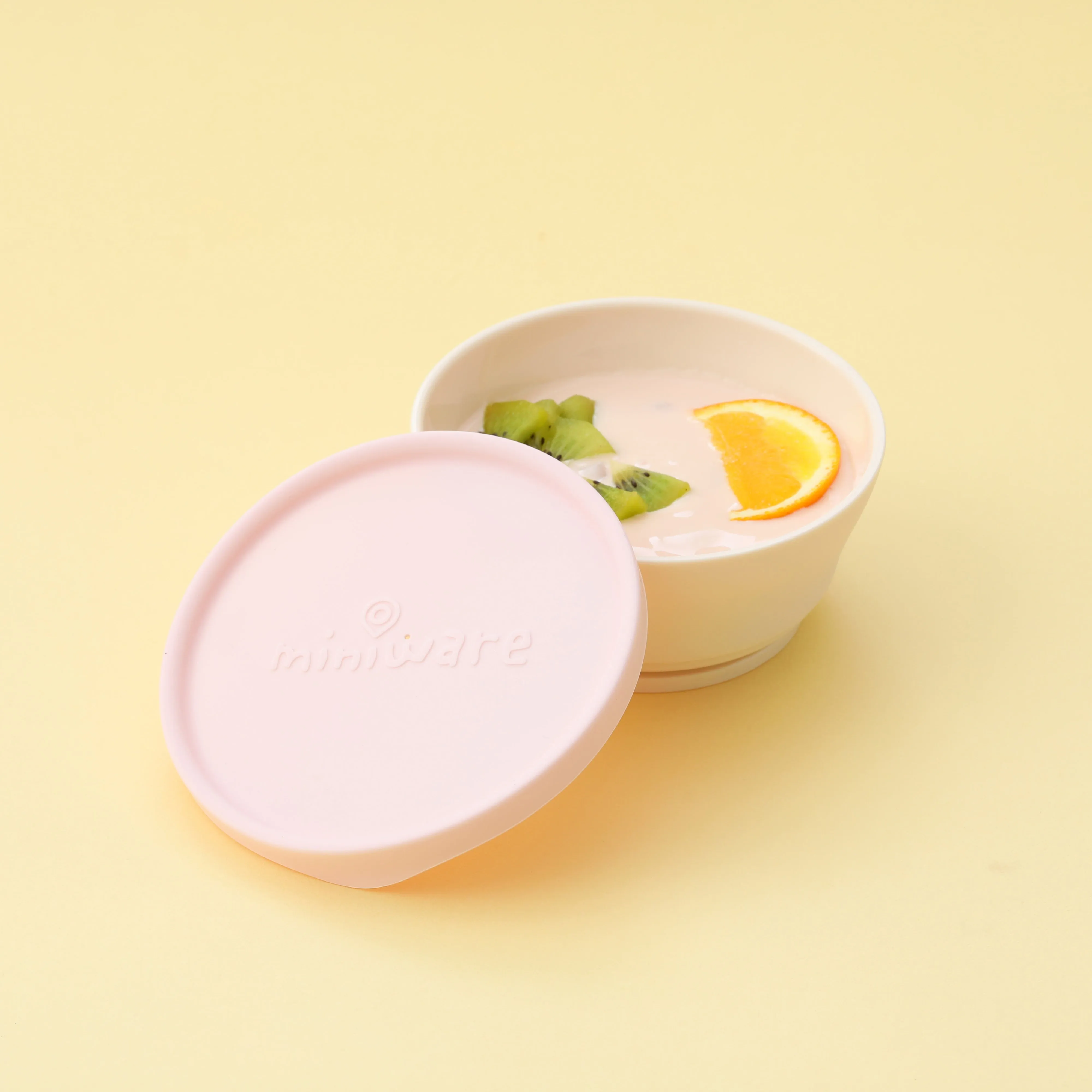 Miniware First Bite Set - PLA Cereal Suction Bowl Vanilla   Silicone Spoon and Cover in Cotton Candy
