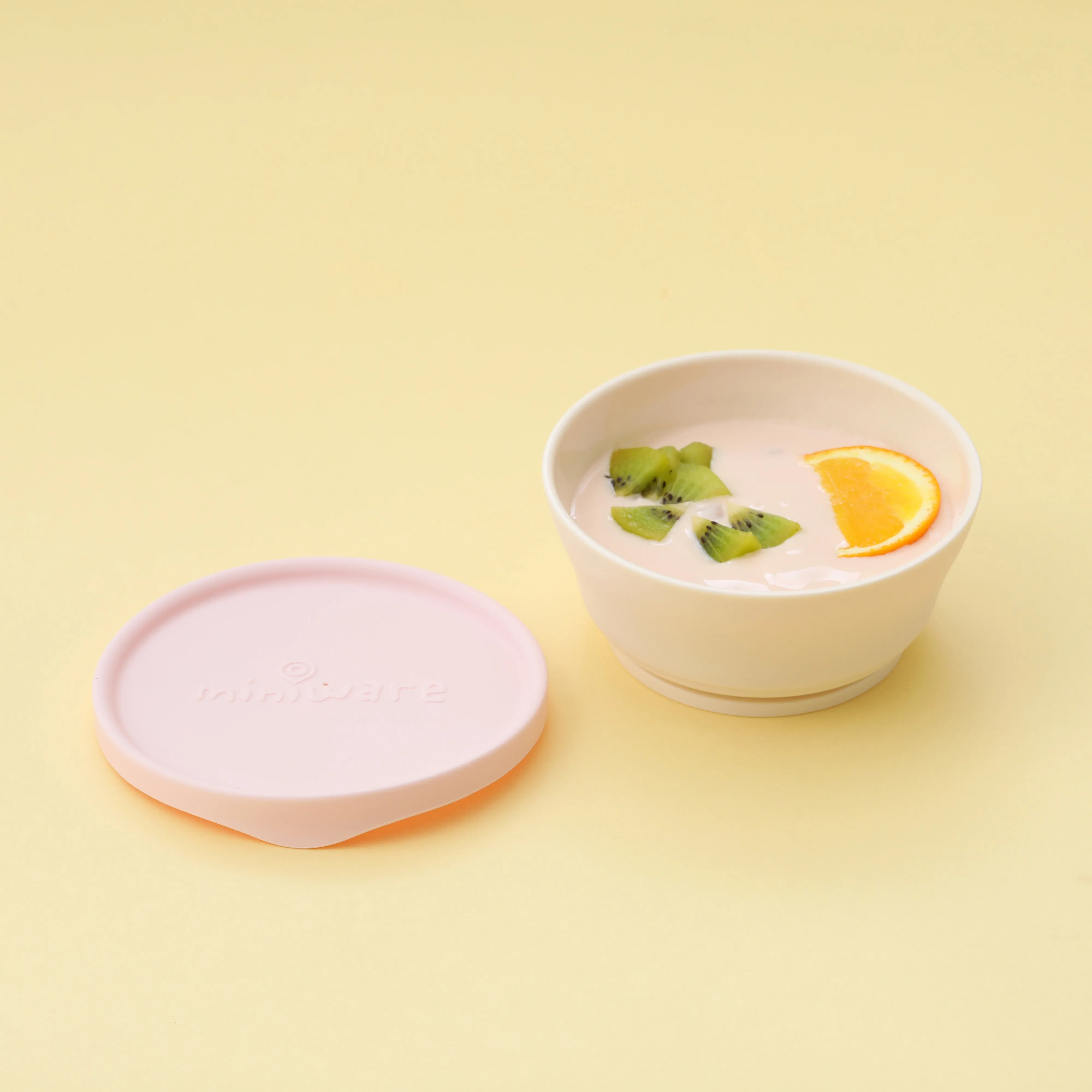 Miniware First Bite Set - PLA Cereal Suction Bowl Vanilla   Silicone Spoon and Cover in Cotton Candy