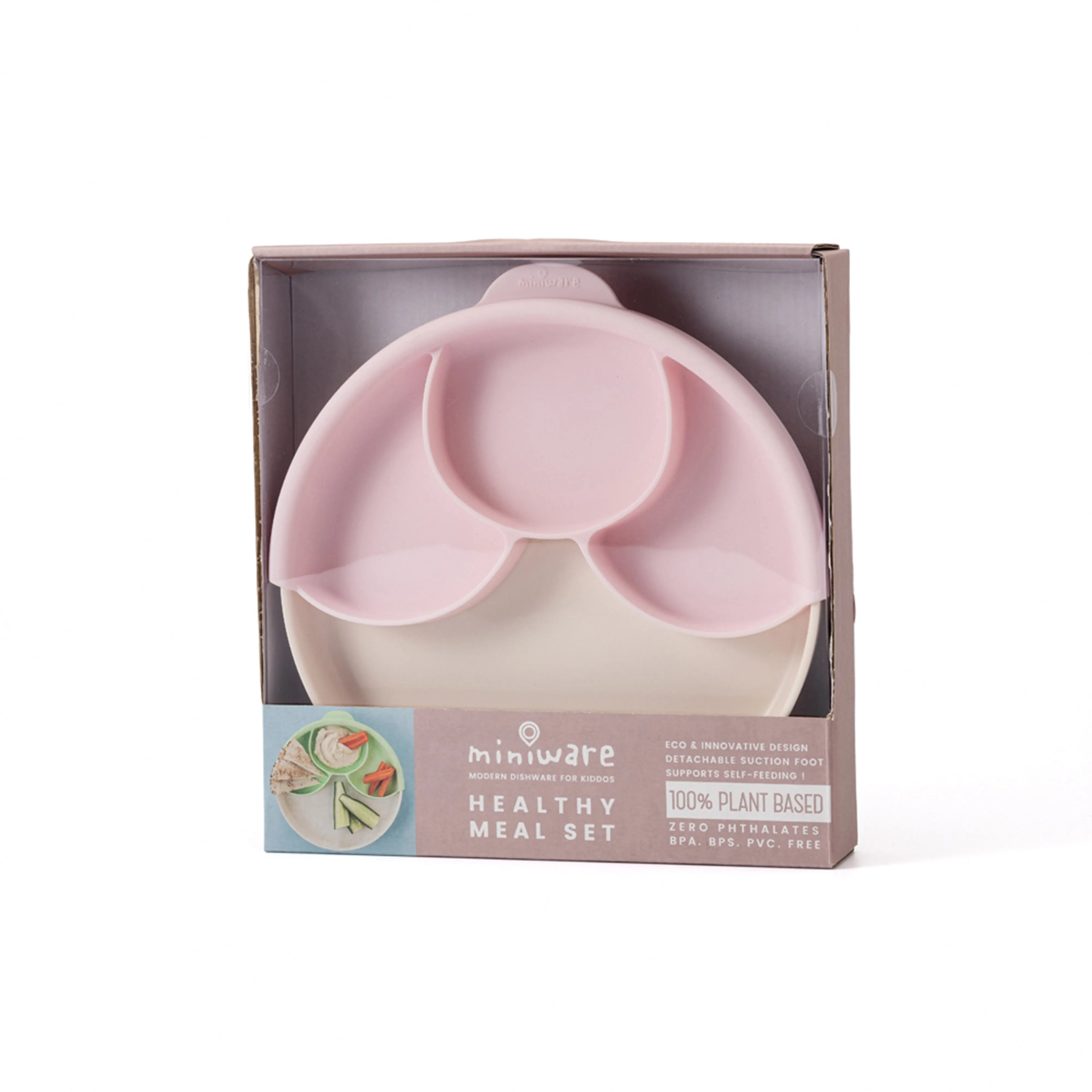 Miniware Healthy Meal Set - PLA Smart Divider Suction Plate in Vanilla   Silicone Divider in Cotton Candy