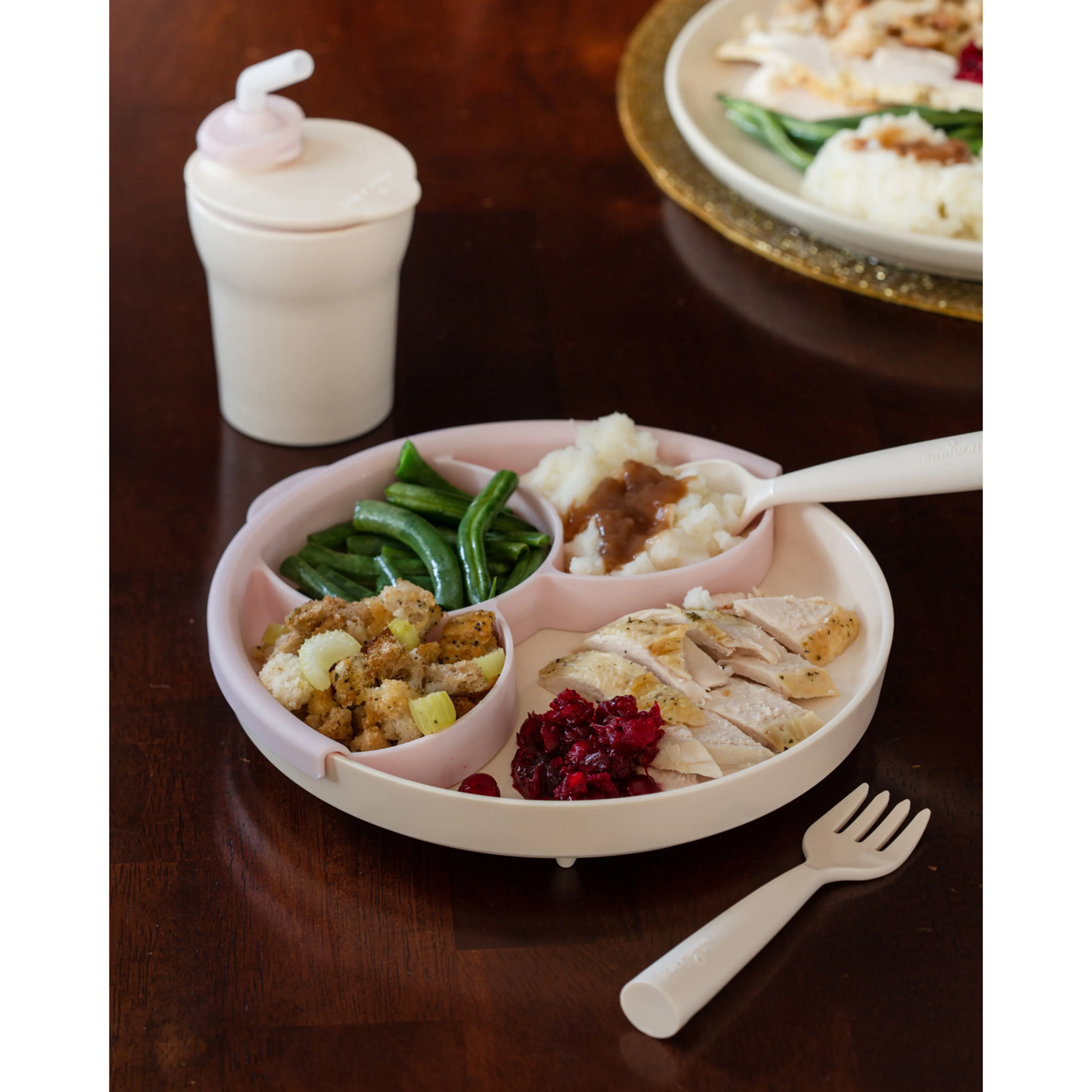 Miniware Healthy Meal Set - PLA Smart Divider Suction Plate in Vanilla   Silicone Divider in Peach