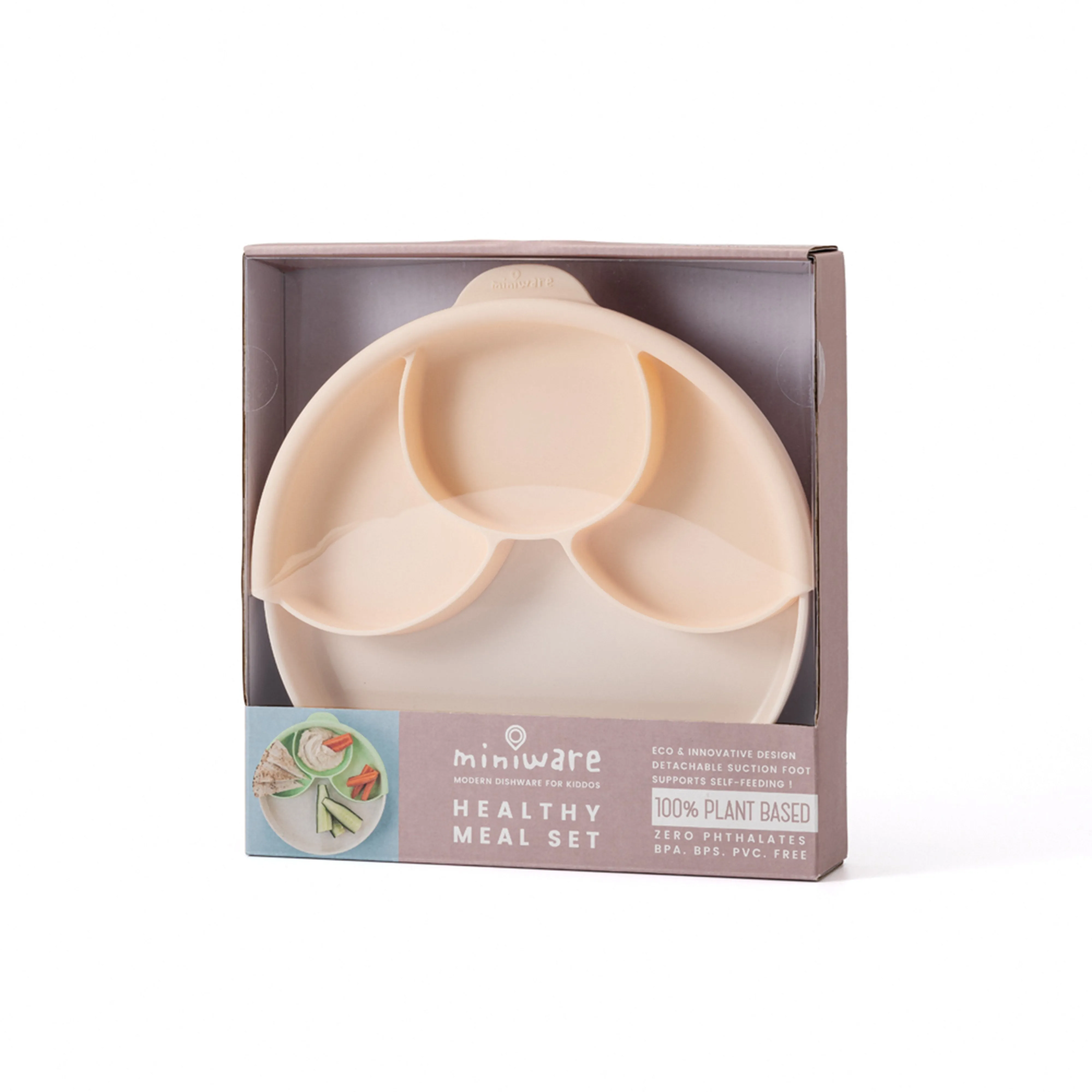 Miniware Healthy Meal Set - PLA Smart Divider Suction Plate in Vanilla   Silicone Divider in Peach