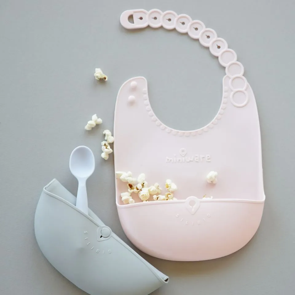 Miniware Roll & Lock Bib (Set of 2) - Silicone Bib in Cotton Candy   Grey