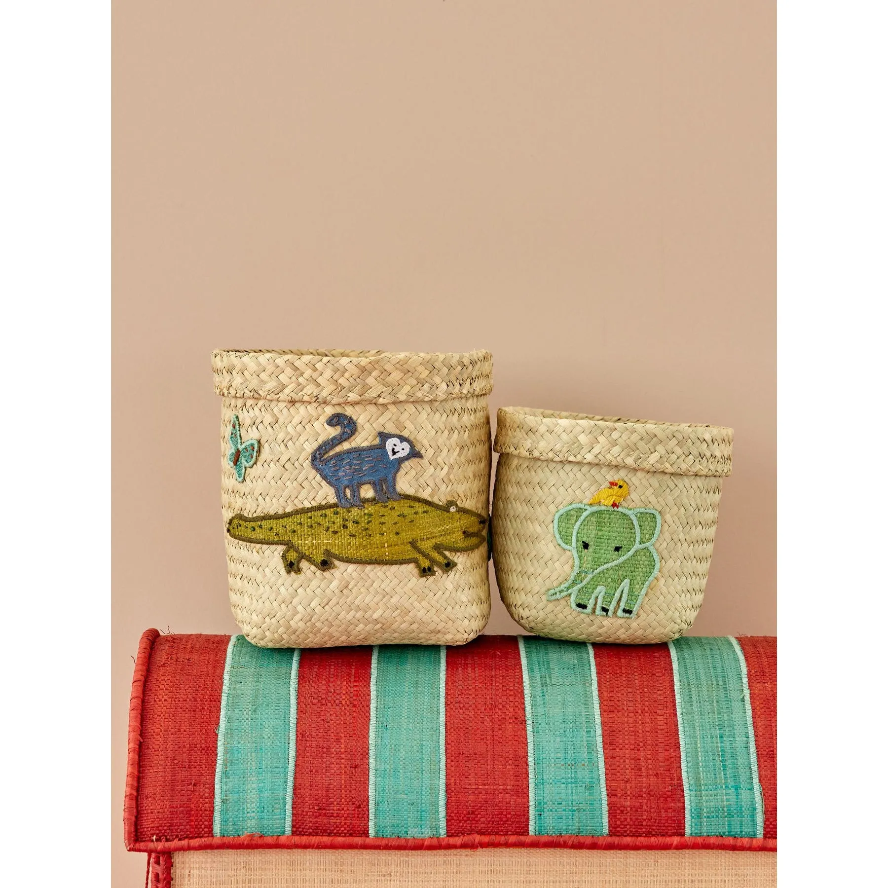 Rice DK Small Round Raffia Storage Basket - Natural - Crocodile Embroidery