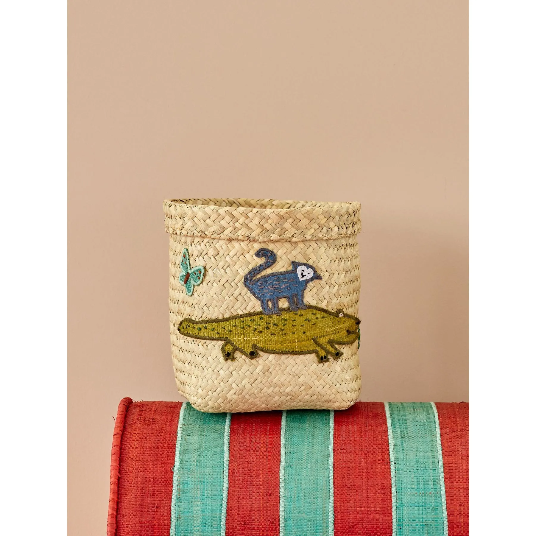 Rice DK Small Round Raffia Storage Basket - Natural - Crocodile Embroidery