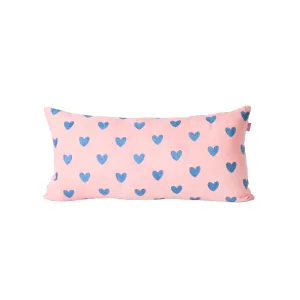 Rice DK Velvet Rectangular Pillow in Pink with Gendarme Blue Hearts - Medium Pink and Gendarme Blue